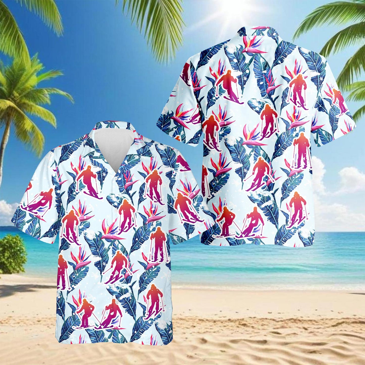 Netecom Skiing Hawaiian Shirt for Men, Tropical Style, Button Down Summer Beach Short Sleeve, S-5XL
