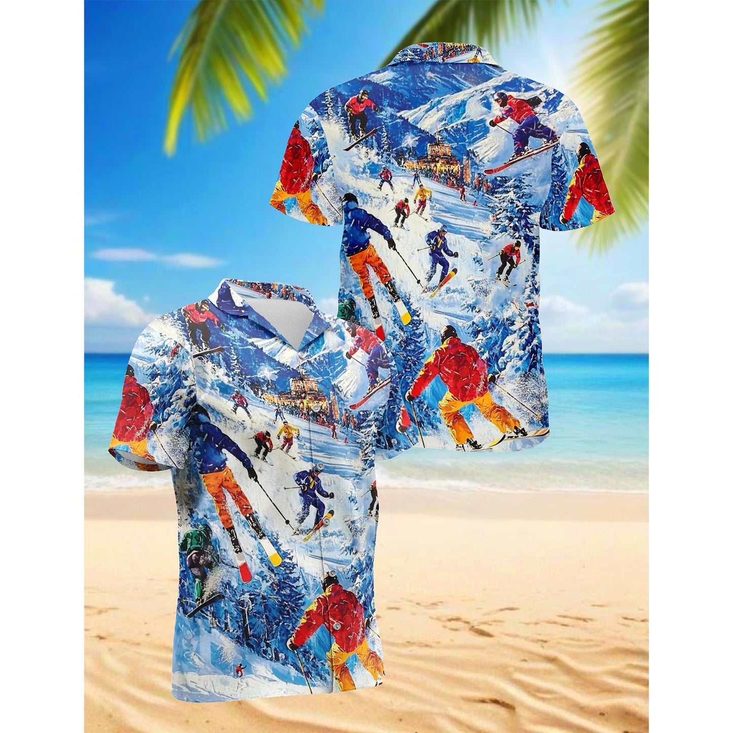 Netecom Skiing Hawaiian Shirt for Men, Sport Style, Button Down Summer Beach Short Sleeve, S-5XL