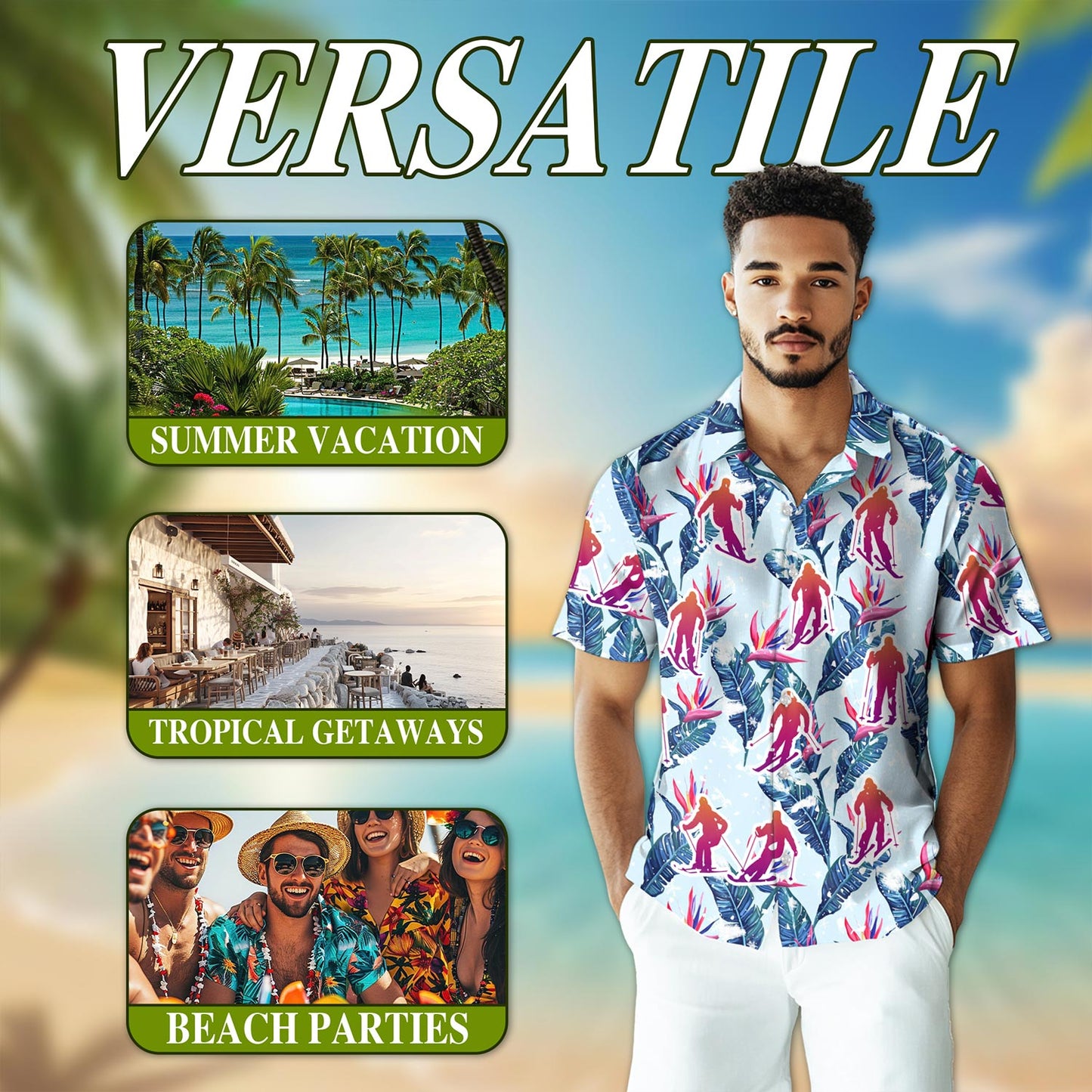Netecom Skiing Hawaiian Shirt for Men, Tropical Style, Button Down Summer Beach Short Sleeve, S-5XL