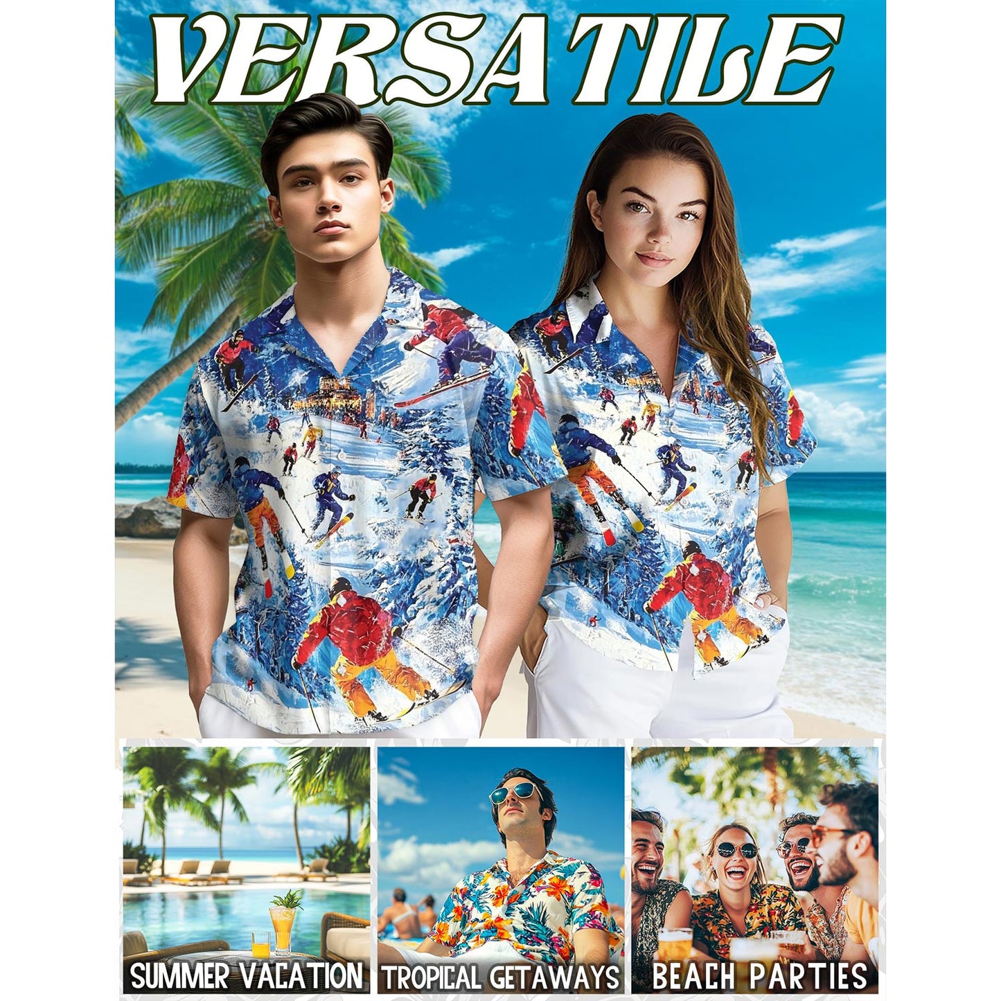 Netecom Skiing Hawaiian Shirt for Men, Sport Style, Button Down Summer Beach Short Sleeve, S-5XL