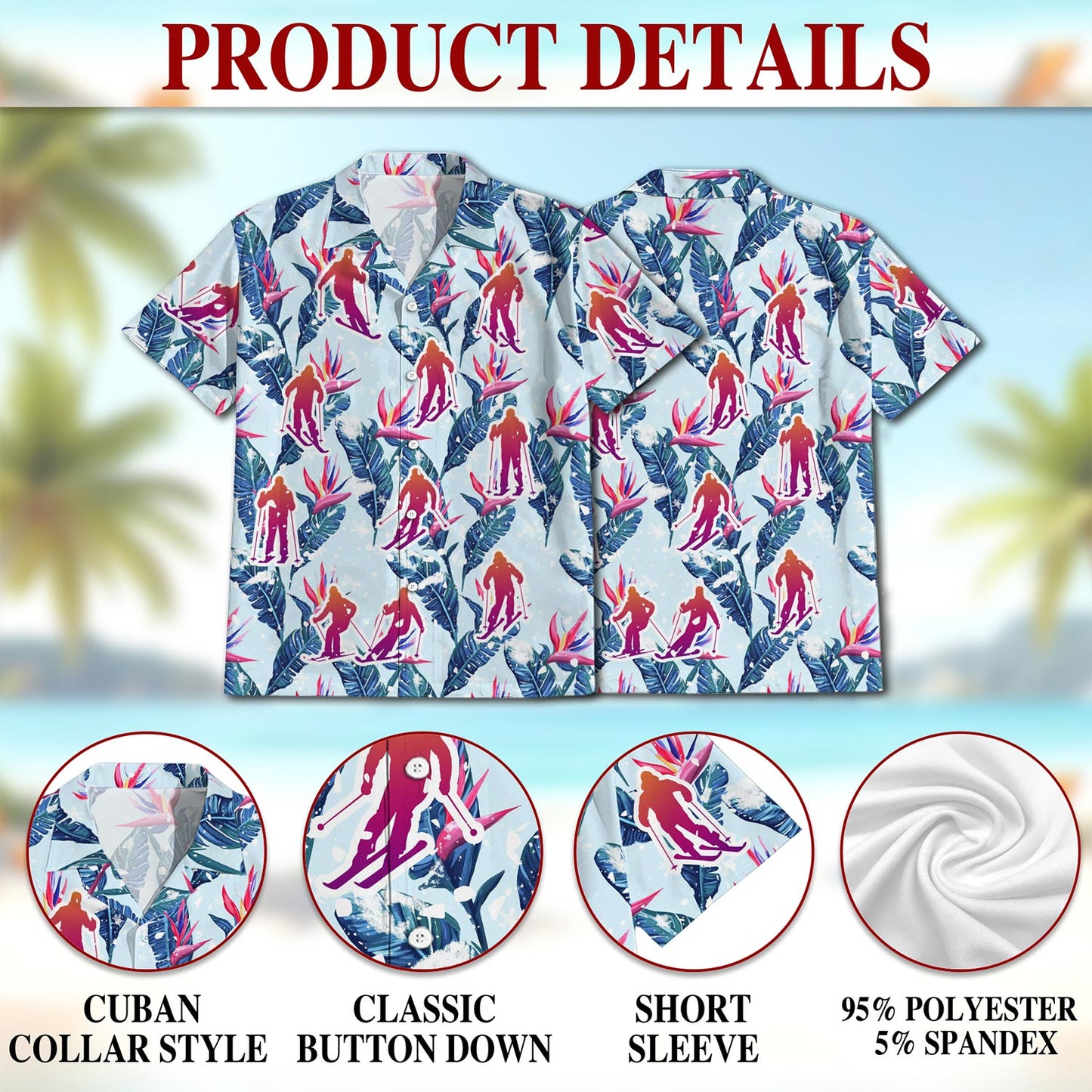 Netecom Skiing Hawaiian Shirt for Men, Tropical Style, Button Down Summer Beach Short Sleeve, S-5XL