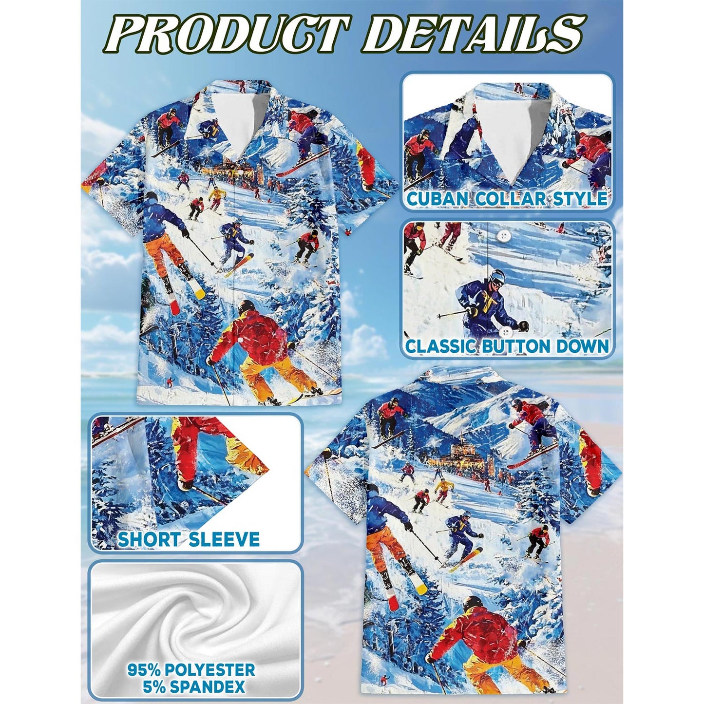 Netecom Skiing Hawaiian Shirt for Men, Sport Style, Button Down Summer Beach Short Sleeve, S-5XL