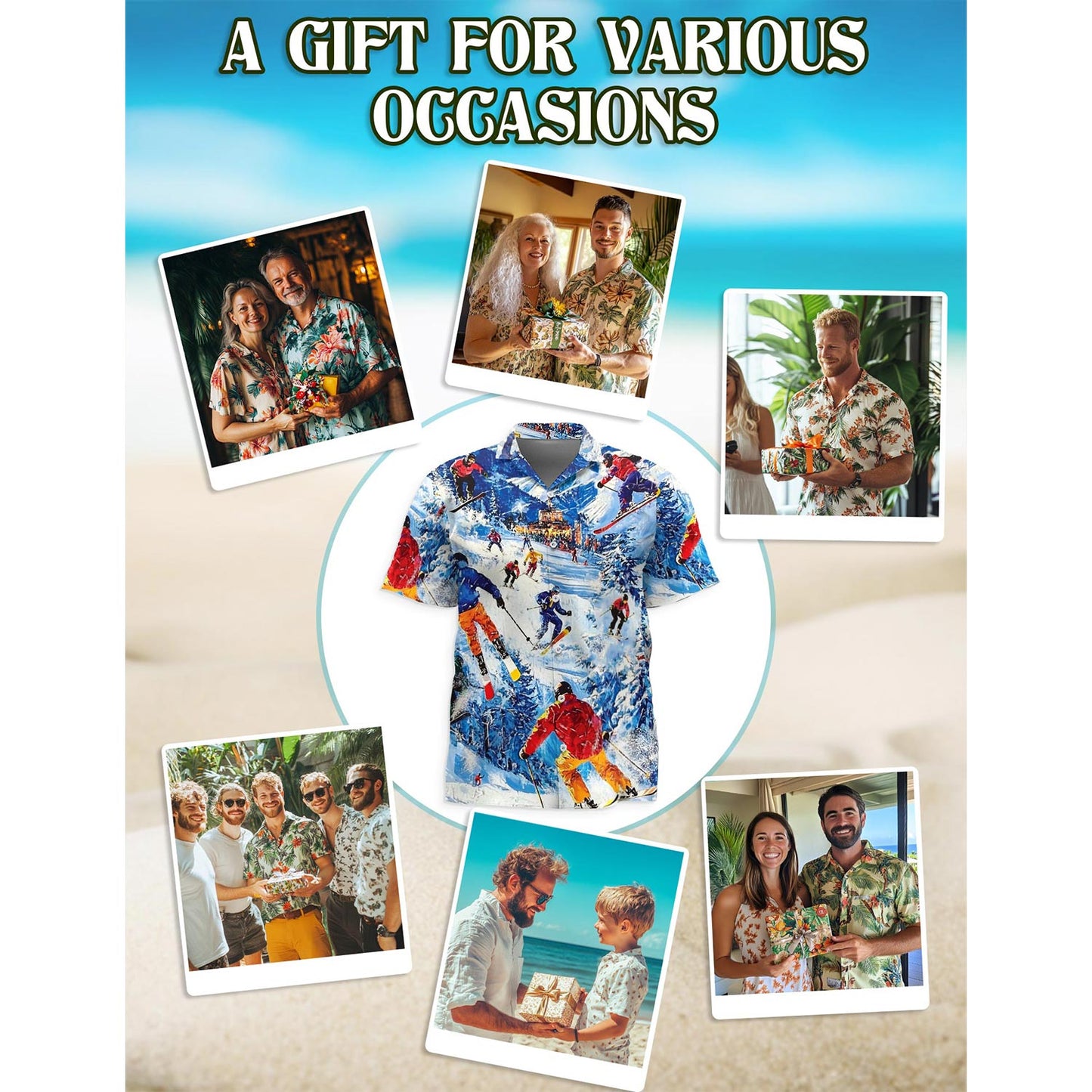Netecom Skiing Hawaiian Shirt for Men, Sport Style, Button Down Summer Beach Short Sleeve, S-5XL