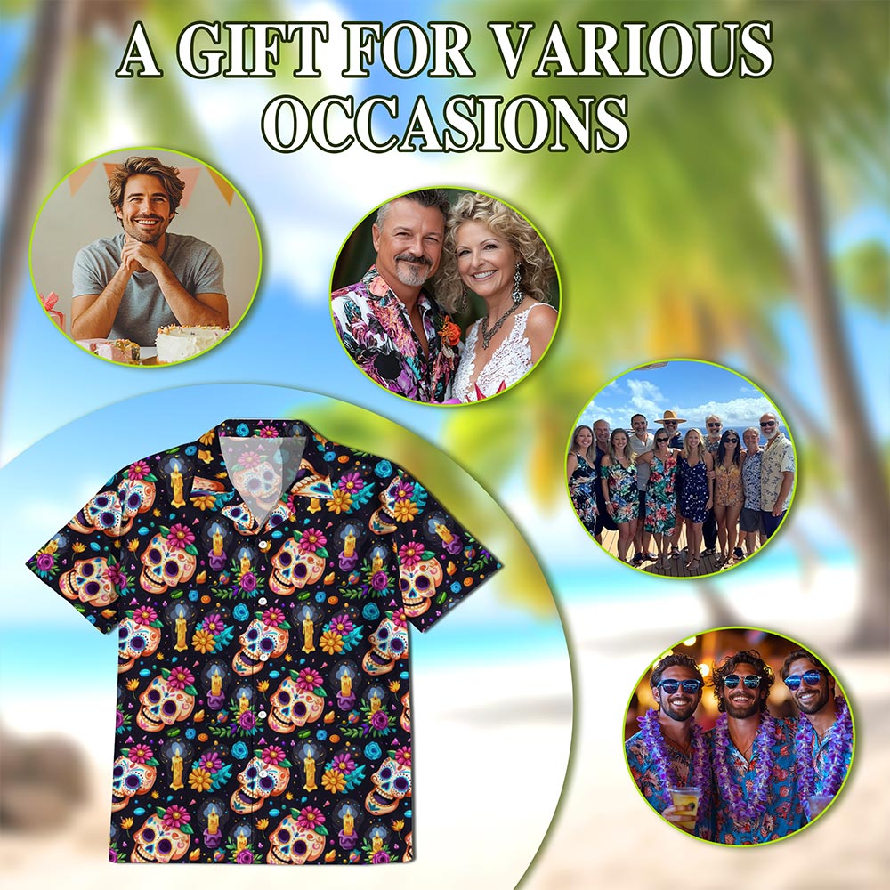 Netecom Skull Flower Pattern Hawaiian Shirt for Men Women, Tropical Button Down Summer Aloha Beach Short Sleeve Shirts, S-5XL