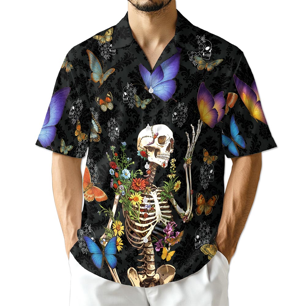 Netecom Skull Love Butterfly Overnight Black Hawaiian Shirt for Men
