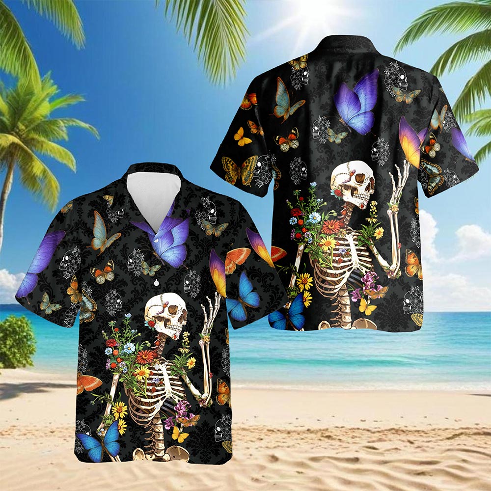 Netecom Skull Love Butterfly Overnight Black Hawaiian Shirt for Men, Tropical Button Down Summer Aloha Beach Shirts, S-5XL