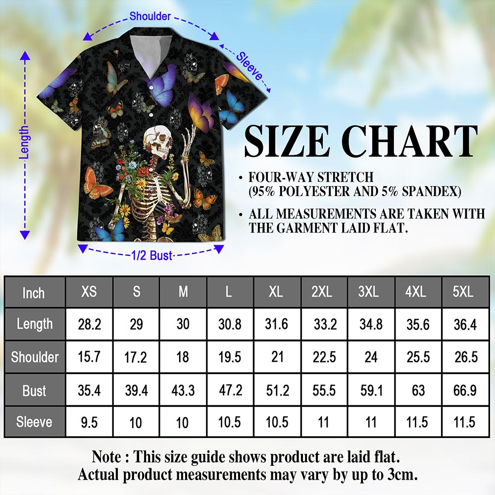 Netecom Skull Love Butterfly Overnight Black Hawaiian Shirt for Men, Tropical Button Down Summer Aloha Beach Shirts, S-5XL