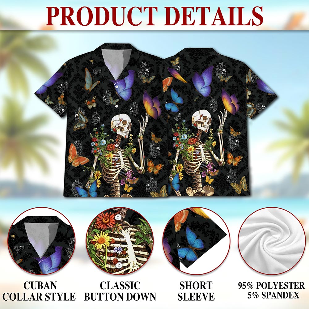 Netecom Skull Love Butterfly Overnight Black Hawaiian Shirt for Men, Tropical Button Down Summer Aloha Beach Shirts, S-5XL