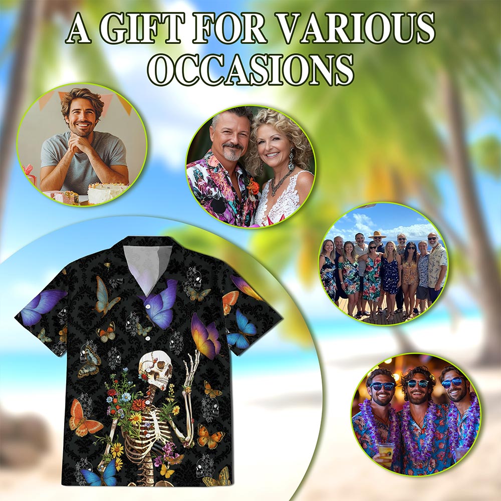 Netecom Skull Love Butterfly Overnight Black Hawaiian Shirt for Men, Tropical Button Down Summer Aloha Beach Shirts, S-5XL