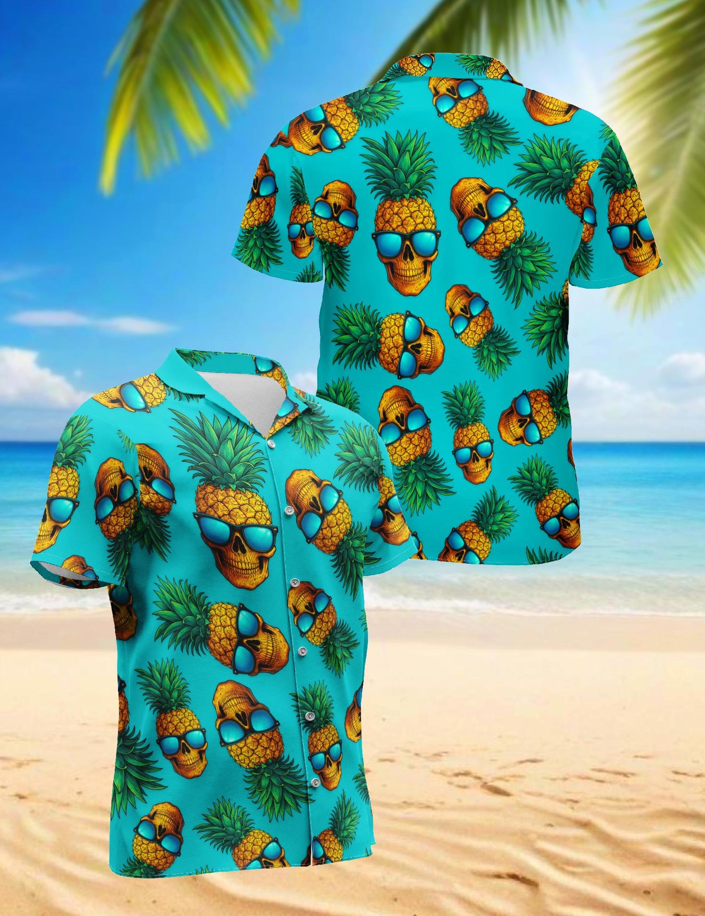 Netecom Skull Pineapple with Sunglasses Hawaiian Shirt for Men, Tropical Style, Button Down Summer Beach Short Sleeve, S-5XL