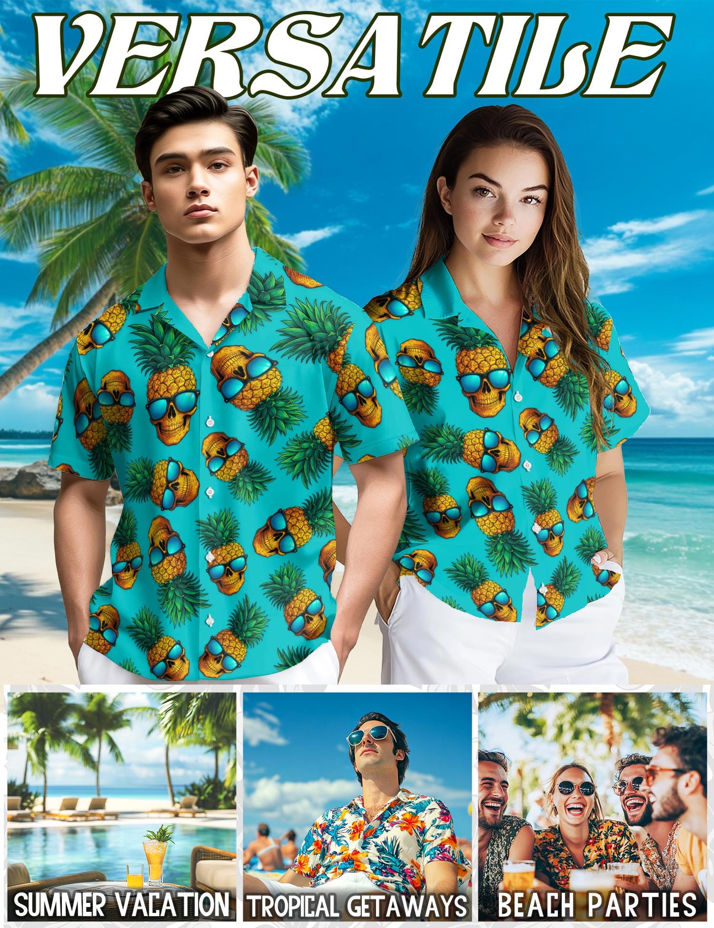 Netecom Skull Pineapple with Sunglasses Hawaiian Shirt for Men, Tropical Style, Button Down Summer Beach Short Sleeve, S-5XL