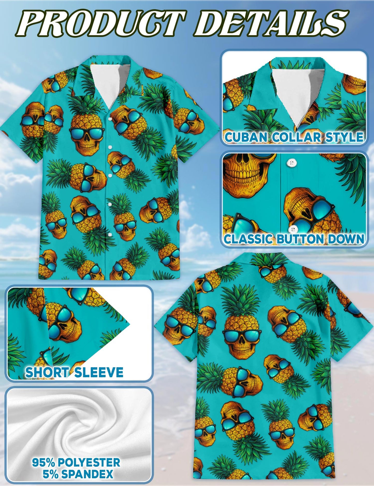 Netecom Skull Pineapple with Sunglasses Hawaiian Shirt for Men, Tropical Style, Button Down Summer Beach Short Sleeve, S-5XL