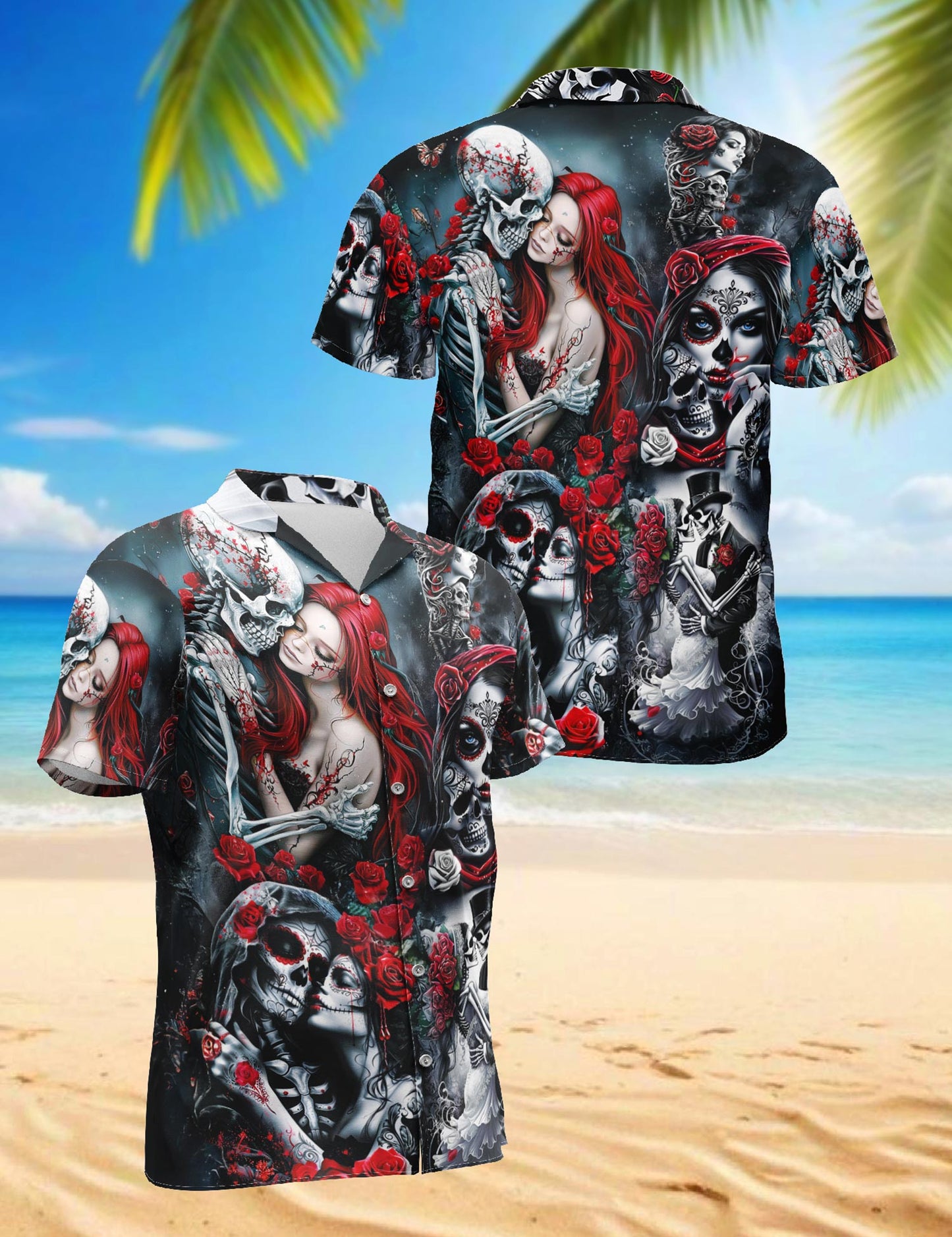 Netecom Skull Rose Hawaiian Shirt for Men, Gothic Style Button Down Summer Aloha Beach Short Sleeve Shirts, S-5XL