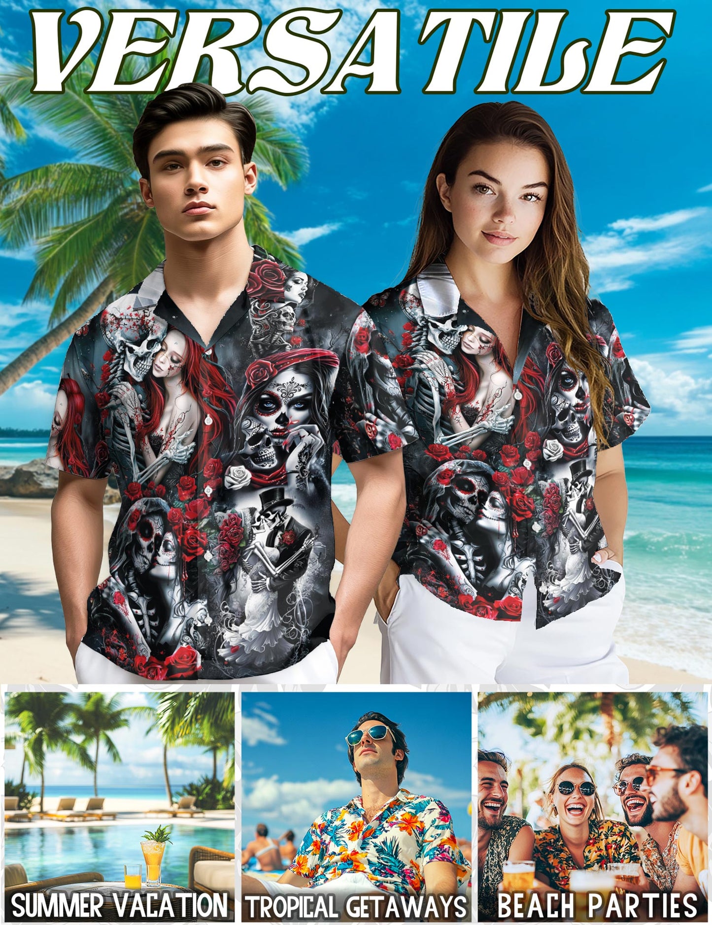 Netecom Skull Rose Hawaiian Shirt for Men, Gothic Style Button Down Summer Aloha Beach Short Sleeve Shirts, S-5XL