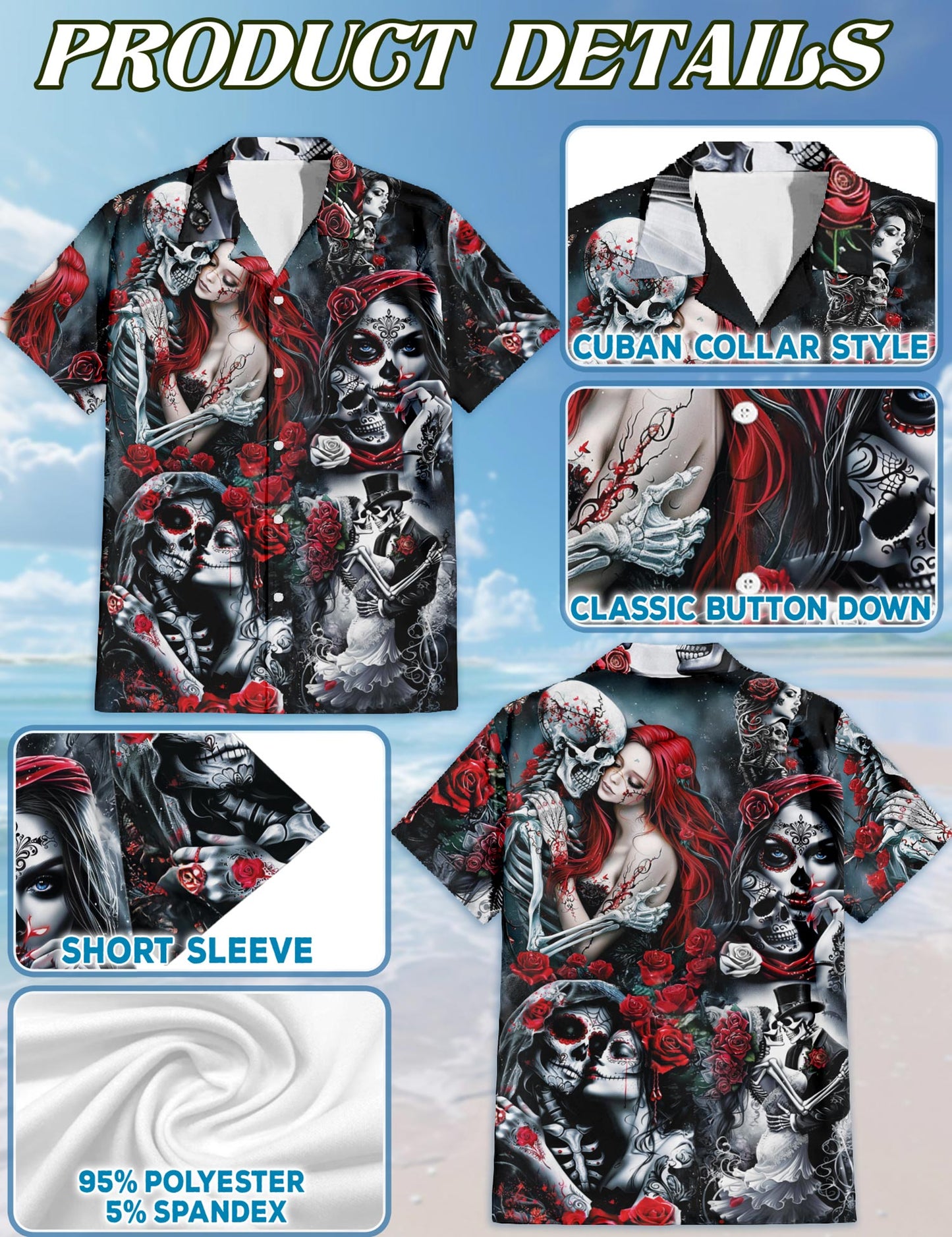Netecom Skull Rose Hawaiian Shirt for Men, Gothic Style Button Down Summer Aloha Beach Short Sleeve Shirts, S-5XL