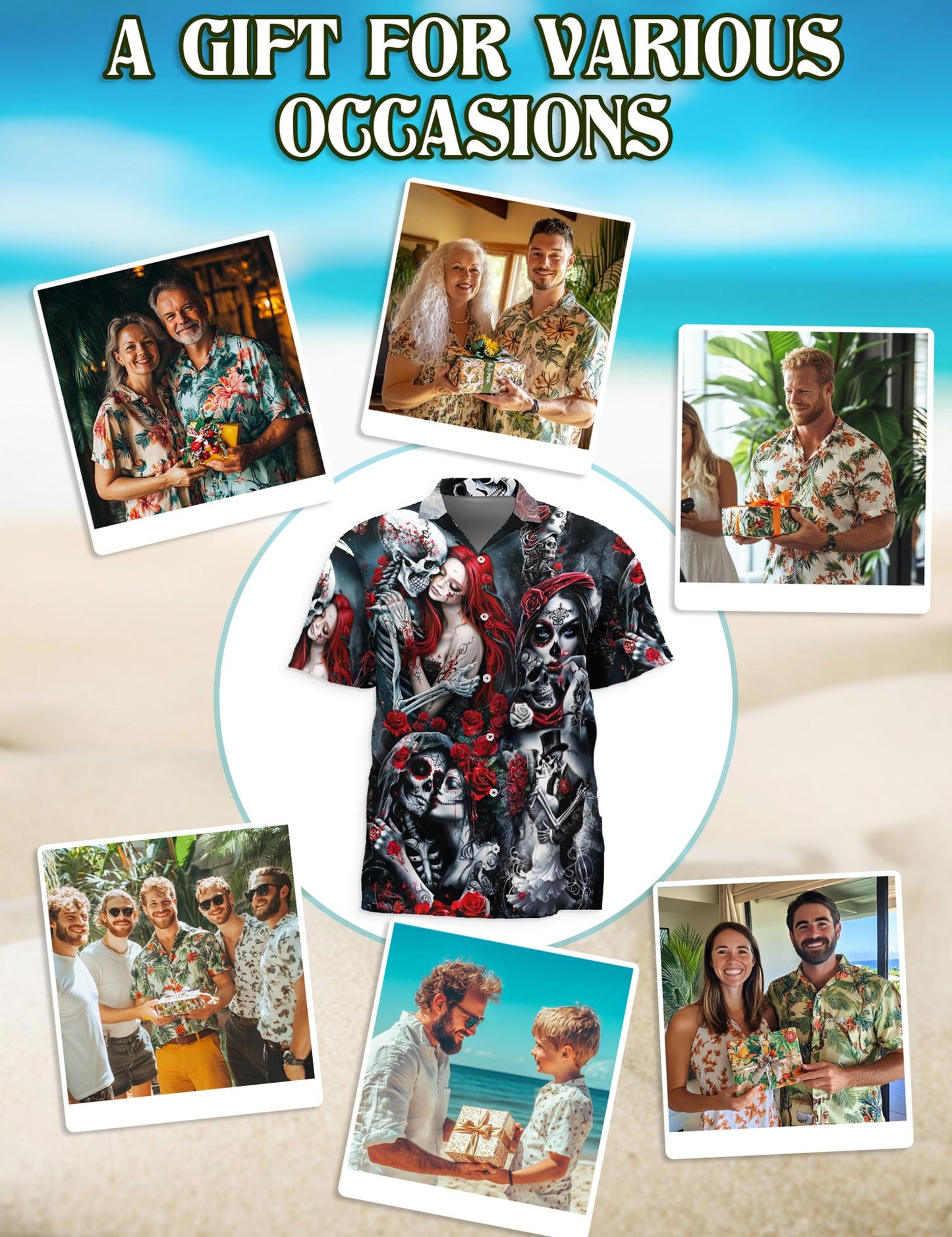 Netecom Skull Rose Hawaiian Shirt for Men, Gothic Style Button Down Summer Aloha Beach Short Sleeve Shirts, S-5XL
