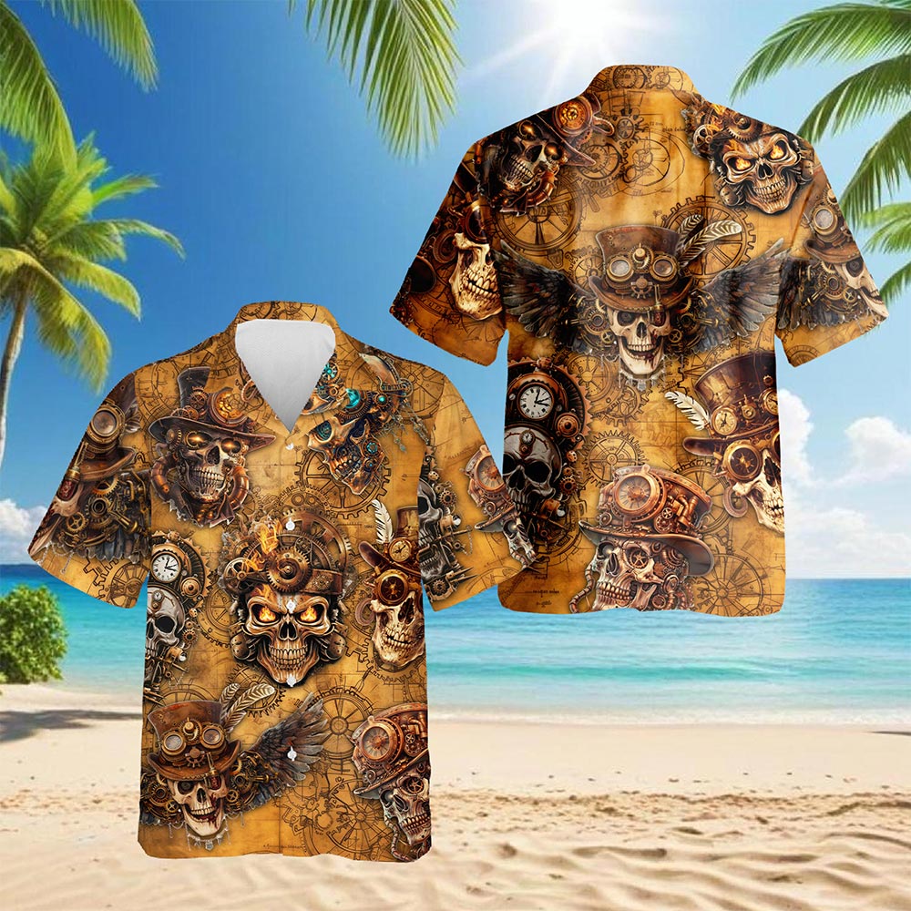 Netecom Skull Steampunk Hawaiian Shirt for Men Women, Vintage Button Down Summer Aloha Beach Short Sleeve Shirts, S-5XL