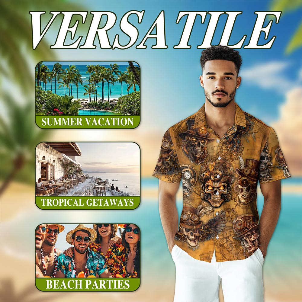 Netecom Skull Steampunk Hawaiian Shirt for Men Women, Vintage Button Down Summer Aloha Beach Short Sleeve Shirts, S-5XL