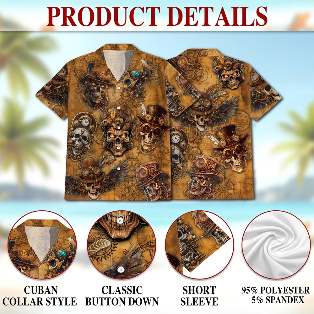 Netecom Skull Steampunk Hawaiian Shirt for Men Women, Vintage Button Down Summer Aloha Beach Short Sleeve Shirts, S-5XL