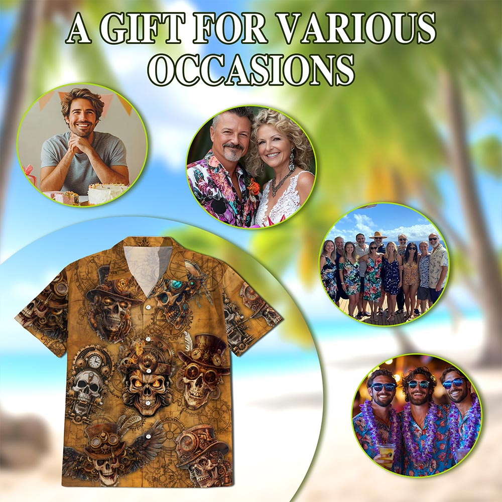 Netecom Skull Steampunk Hawaiian Shirt for Men Women, Vintage Button Down Summer Aloha Beach Short Sleeve Shirts, S-5XL