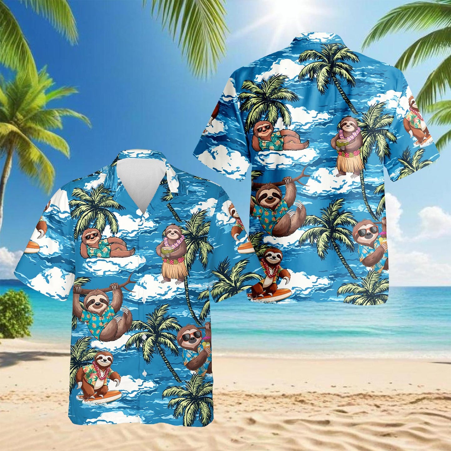 Netecom Sloth Ocean Hawaiian Shirt for Men, Button Down Summer Beach Short Sleeve, Tropical Style, Sizes S-5XL