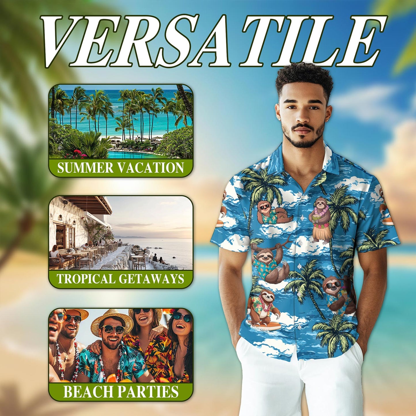 Netecom Sloth Ocean Hawaiian Shirt for Men, Button Down Summer Beach Short Sleeve, Tropical Style, Sizes S-5XL