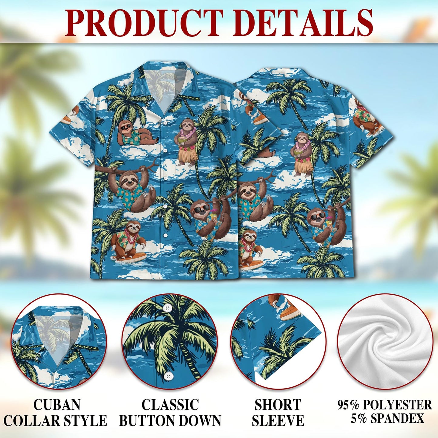 Netecom Sloth Ocean Hawaiian Shirt for Men, Button Down Summer Beach Short Sleeve, Tropical Style, Sizes S-5XL
