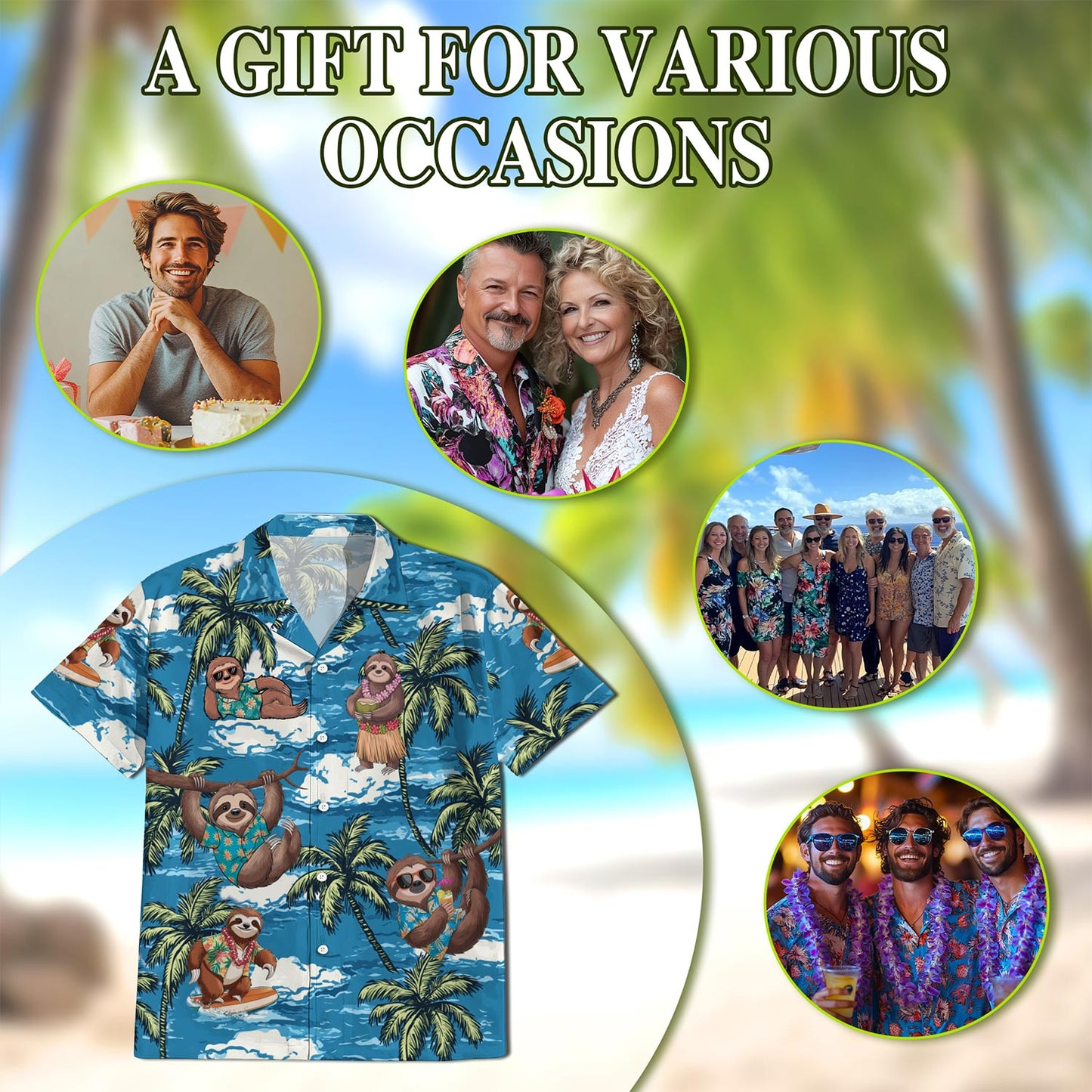 Netecom Sloth Ocean Hawaiian Shirt for Men, Button Down Summer Beach Short Sleeve, Tropical Style, Sizes S-5XL
