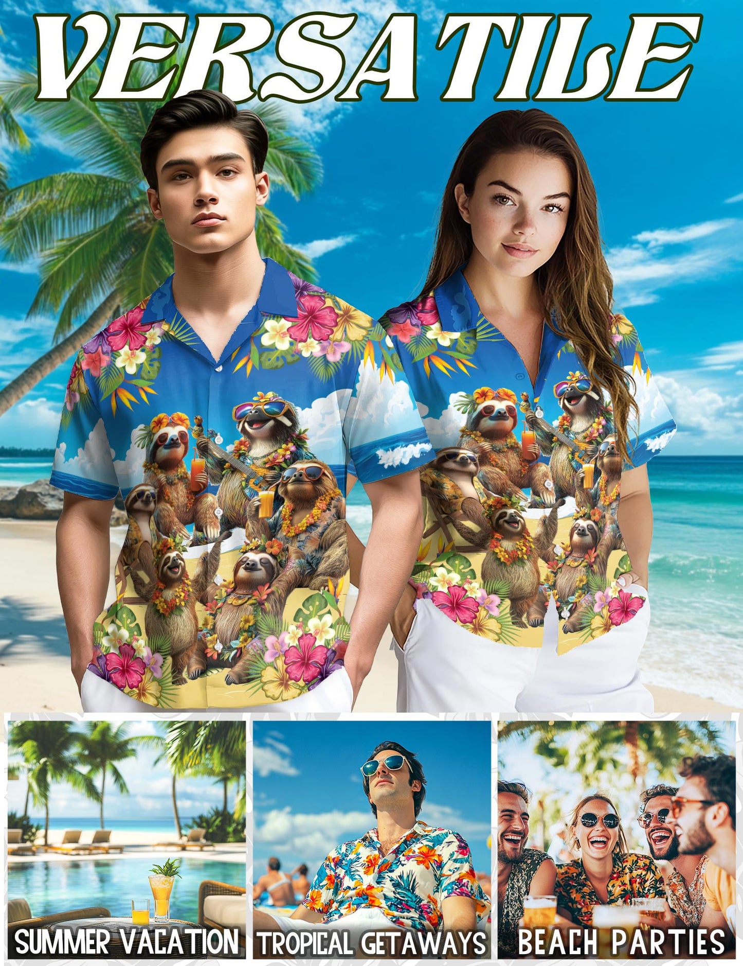 Netecom Sloth Surfing Hawaiian Shirt for Men, Button Down Summer Beach Short Sleeve, Tropical Style, Sizes S-5XL