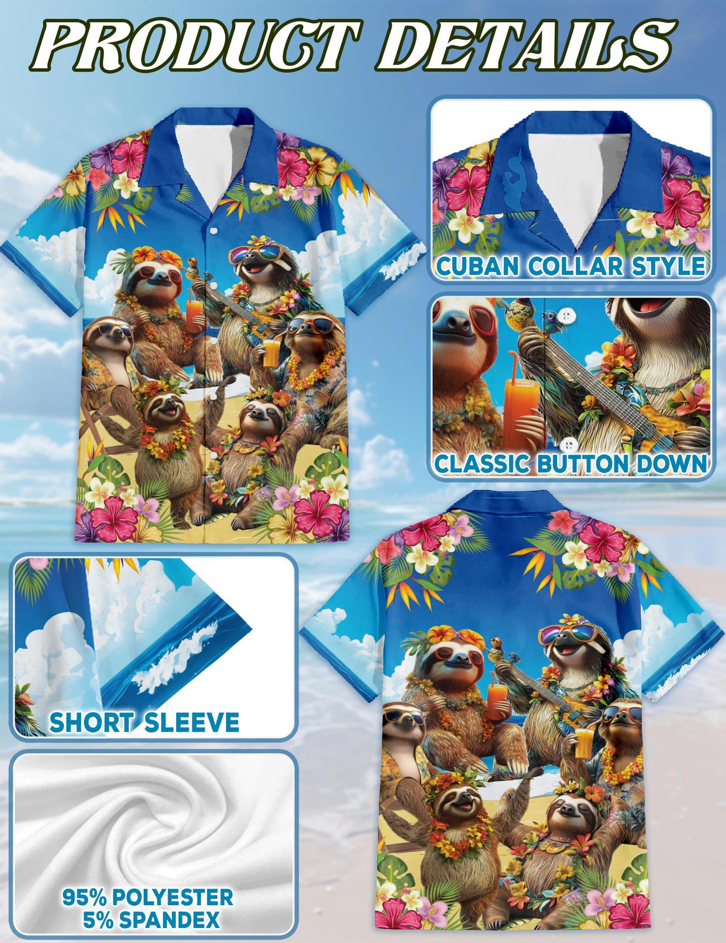Netecom Sloth Surfing Hawaiian Shirt for Men, Button Down Summer Beach Short Sleeve, Tropical Style, Sizes S-5XL