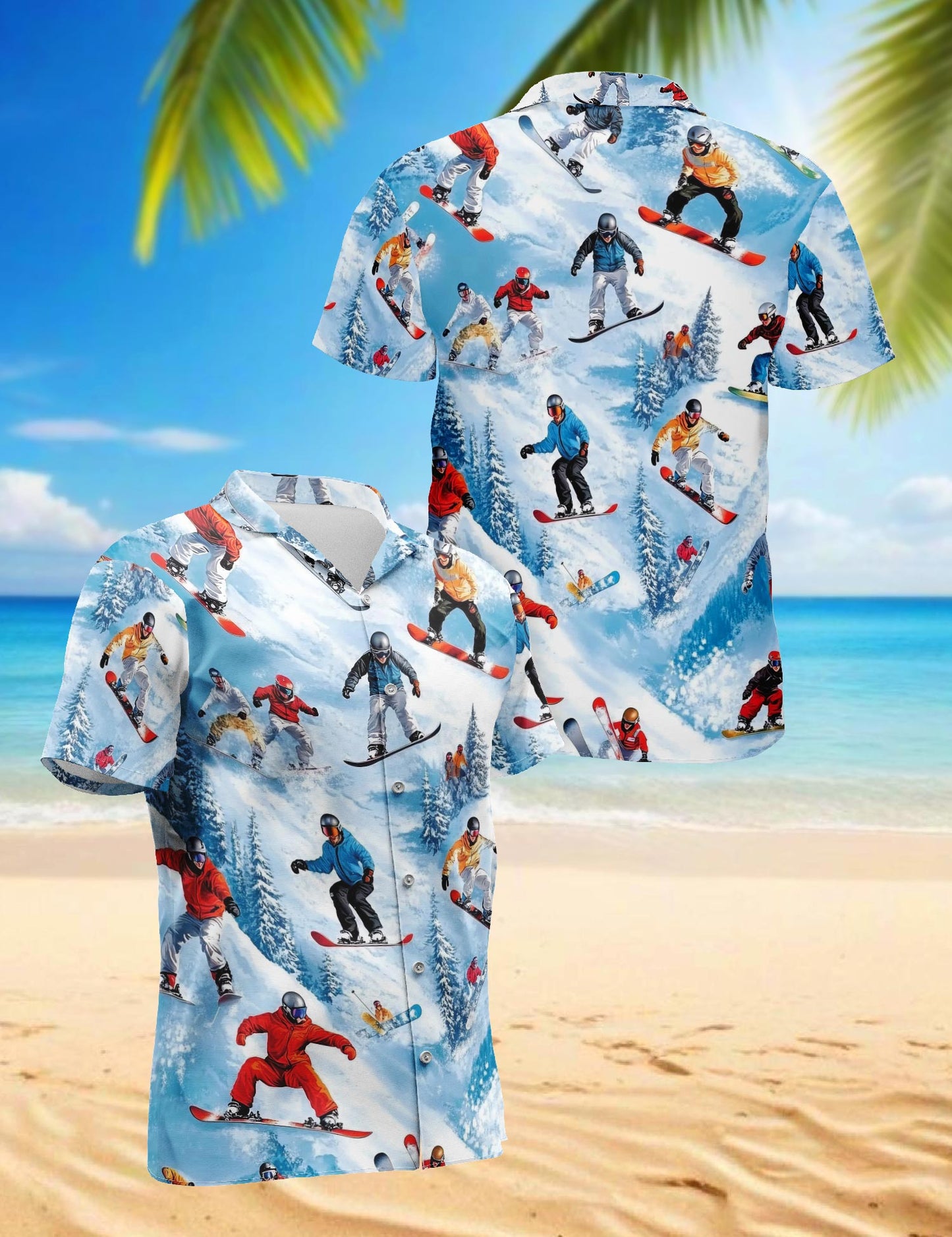 Netecom Snowboarding Passion Skiing Hawaiian Shirt for Men, Winter Sports Style, Button Down Summer Beach Short Sleeve, Sizes S-5XL