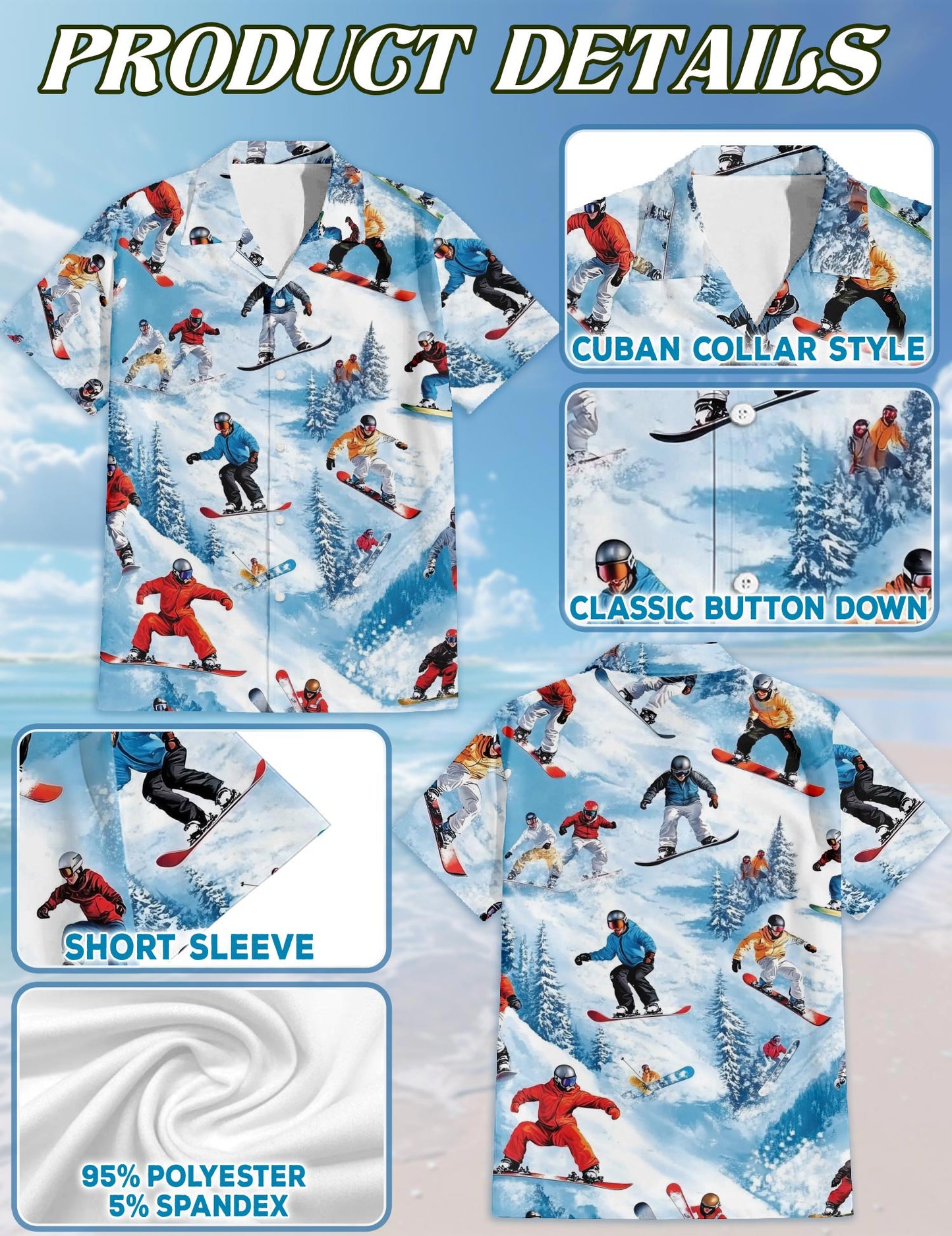 Netecom Snowboarding Passion Skiing Hawaiian Shirt for Men, Winter Sports Style, Button Down Summer Beach Short Sleeve, Sizes S-5XL