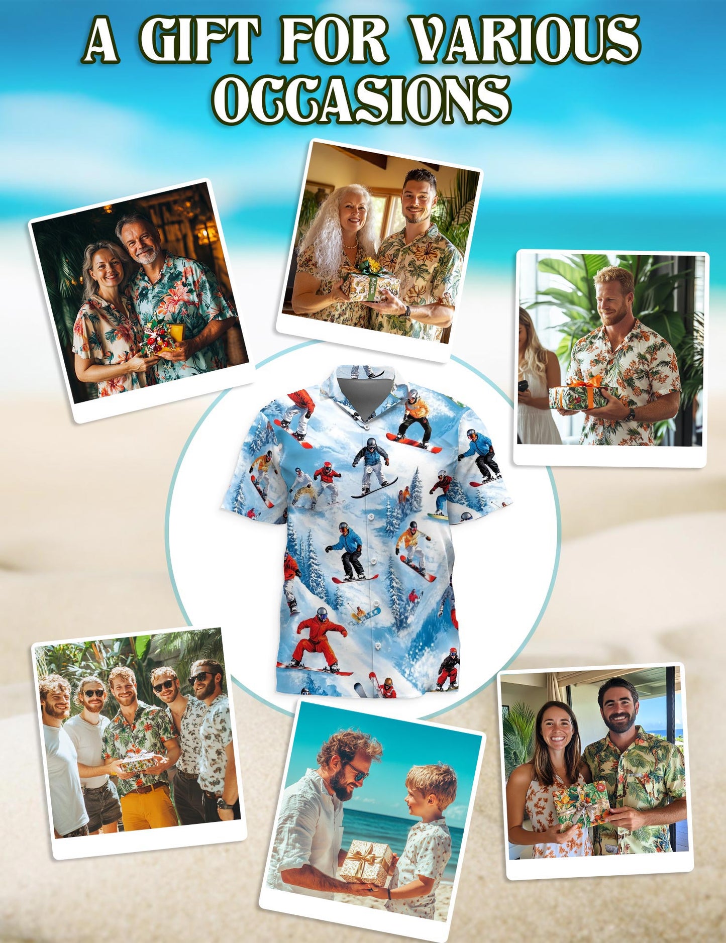 Netecom Snowboarding Passion Skiing Hawaiian Shirt for Men, Winter Sports Style, Button Down Summer Beach Short Sleeve, Sizes S-5XL