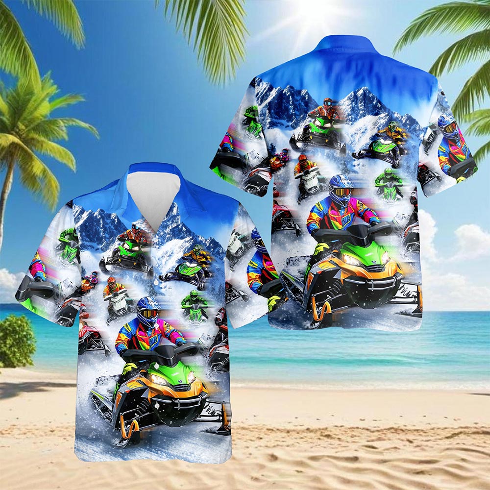 Netecom Snowmobile Hawaiian Shirt for Men, Sporty Style, Button Down Summer Beach Short Sleeve, S-5XL