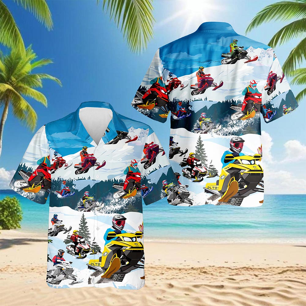Netecom Snowmobile Hawaiian Shirt for Men, Sporty Style, Button Down Summer Beach Short Sleeve, S-5XL