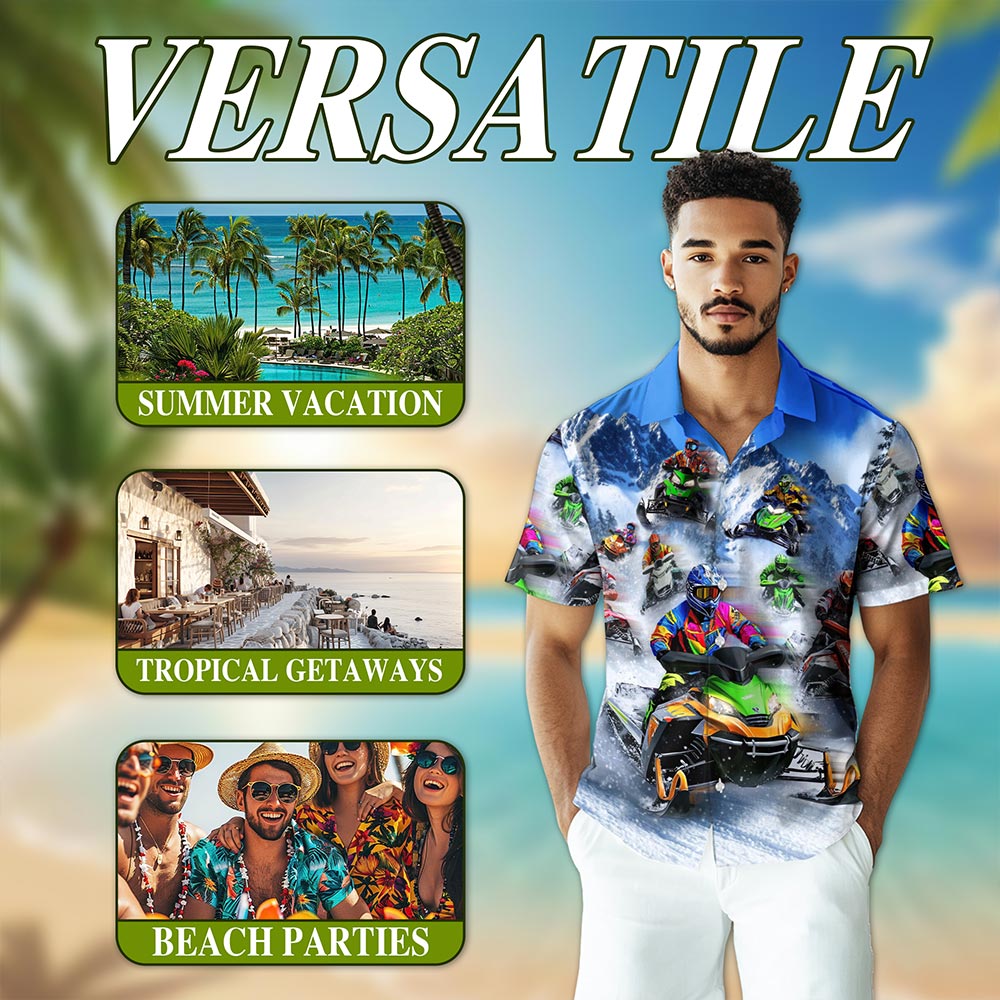 Netecom Snowmobile Hawaiian Shirt for Men, Sporty Style, Button Down Summer Beach Short Sleeve, S-5XL