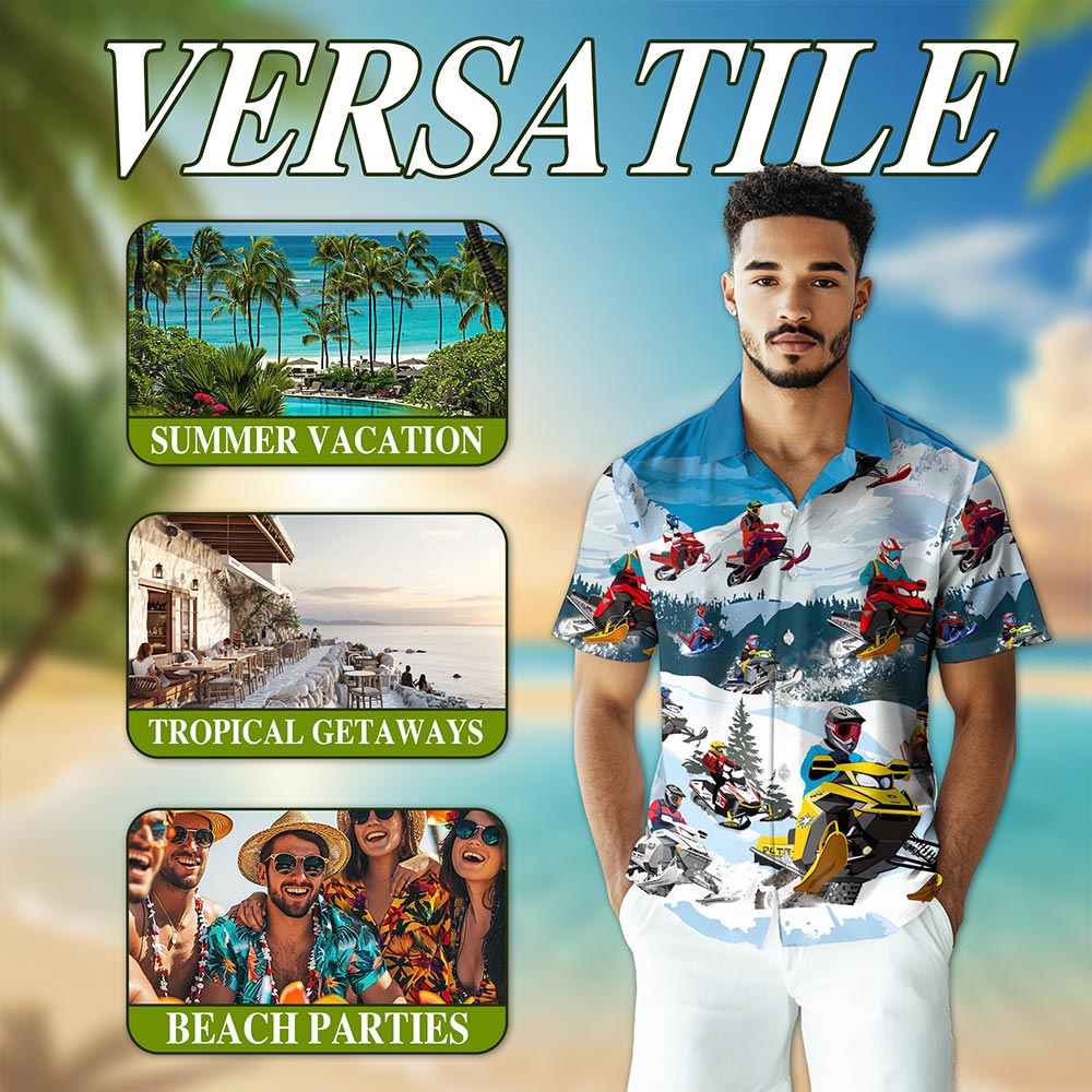 Netecom Snowmobile Hawaiian Shirt for Men, Sporty Style, Button Down Summer Beach Short Sleeve, S-5XL