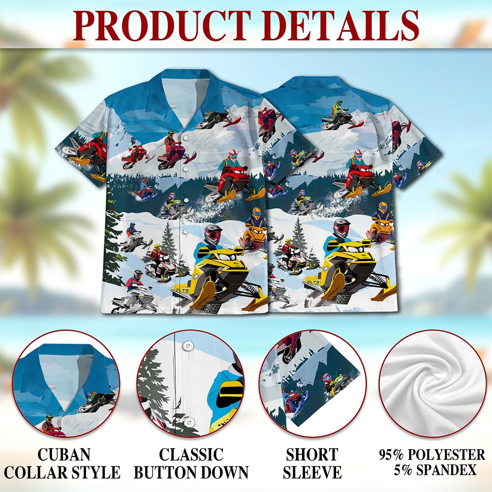 Netecom Snowmobile Hawaiian Shirt for Men, Sporty Style, Button Down Summer Beach Short Sleeve, S-5XL