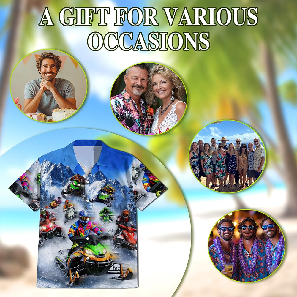 Netecom Snowmobile Hawaiian Shirt for Men, Sporty Style, Button Down Summer Beach Short Sleeve, S-5XL
