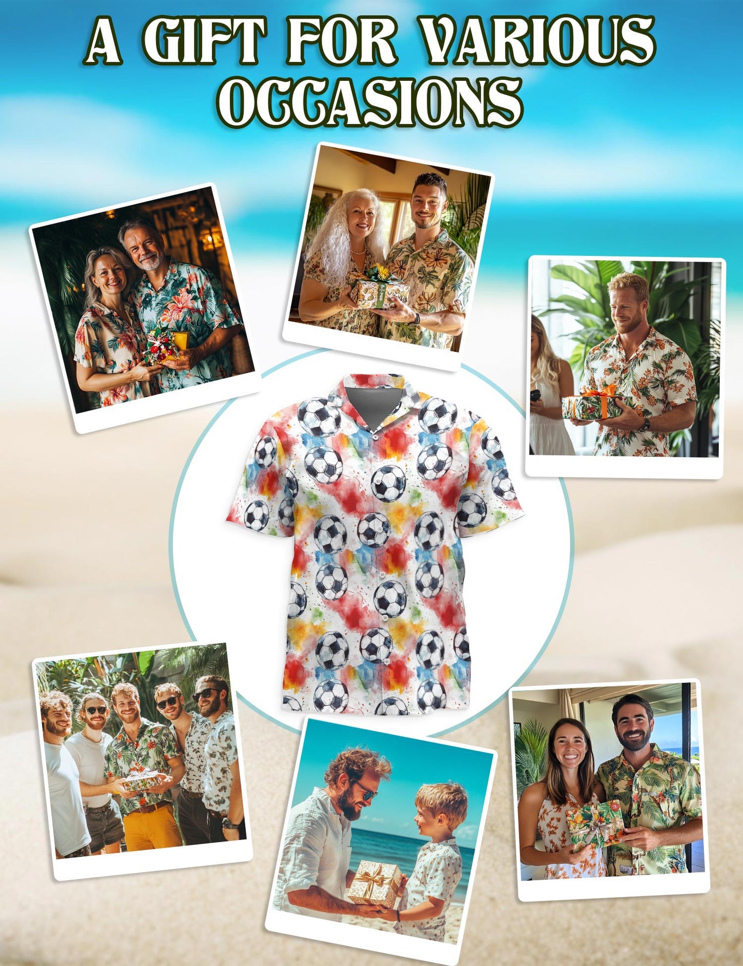 Netecom Soccer Ball Hawaiian Shirt for Men, Sporty Style, Button Down Summer Beach Short Sleeve, S-5XL