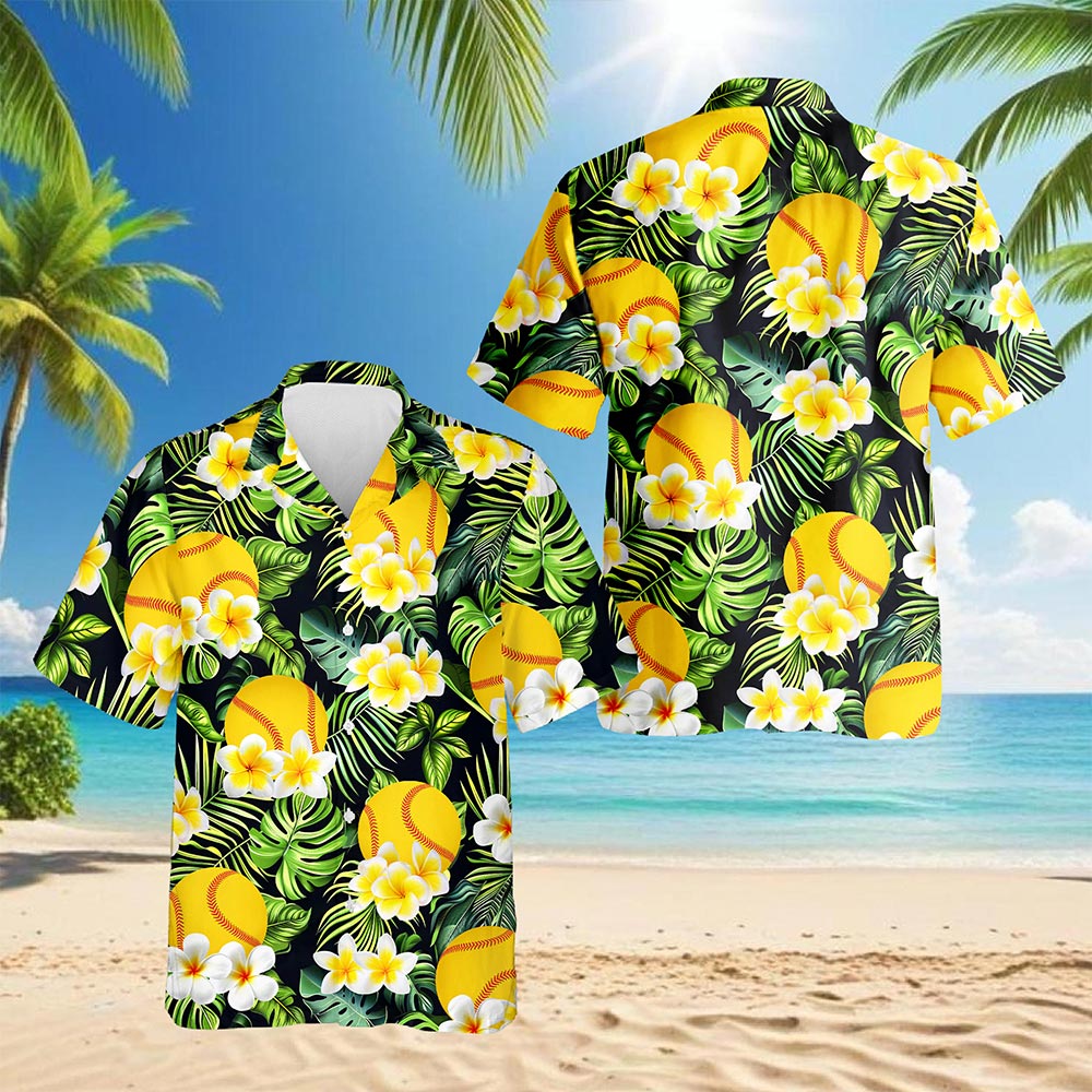 Netecom SoftBall Hawaiian Shirt for Men, Sporty Lover Gifts, Button Down Summer Beach Short Sleeve, S-5XL