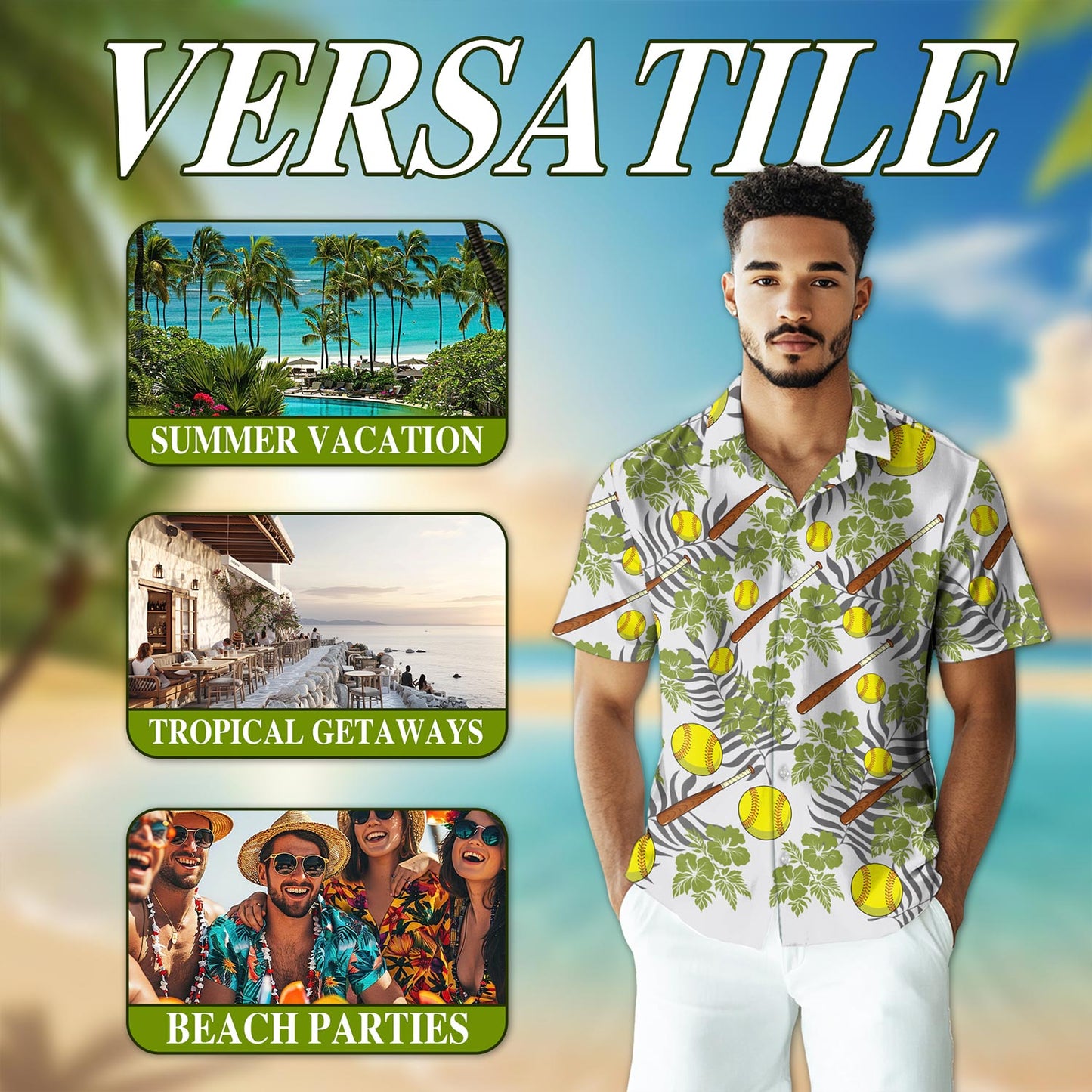 Netecom Softball Hawaiian Shirt for Men, Button Down Summer Beach Short Sleeve, Tropical Style, Sizes S-5XL