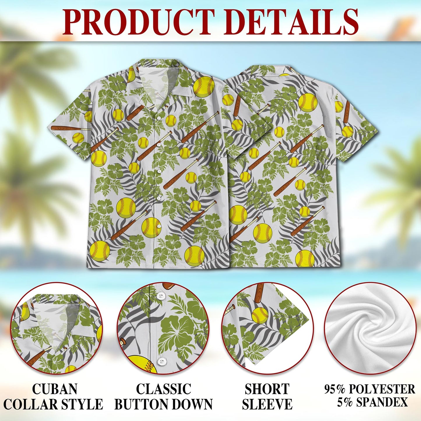Netecom Softball Hawaiian Shirt for Men, Button Down Summer Beach Short Sleeve, Tropical Style, Sizes S-5XL