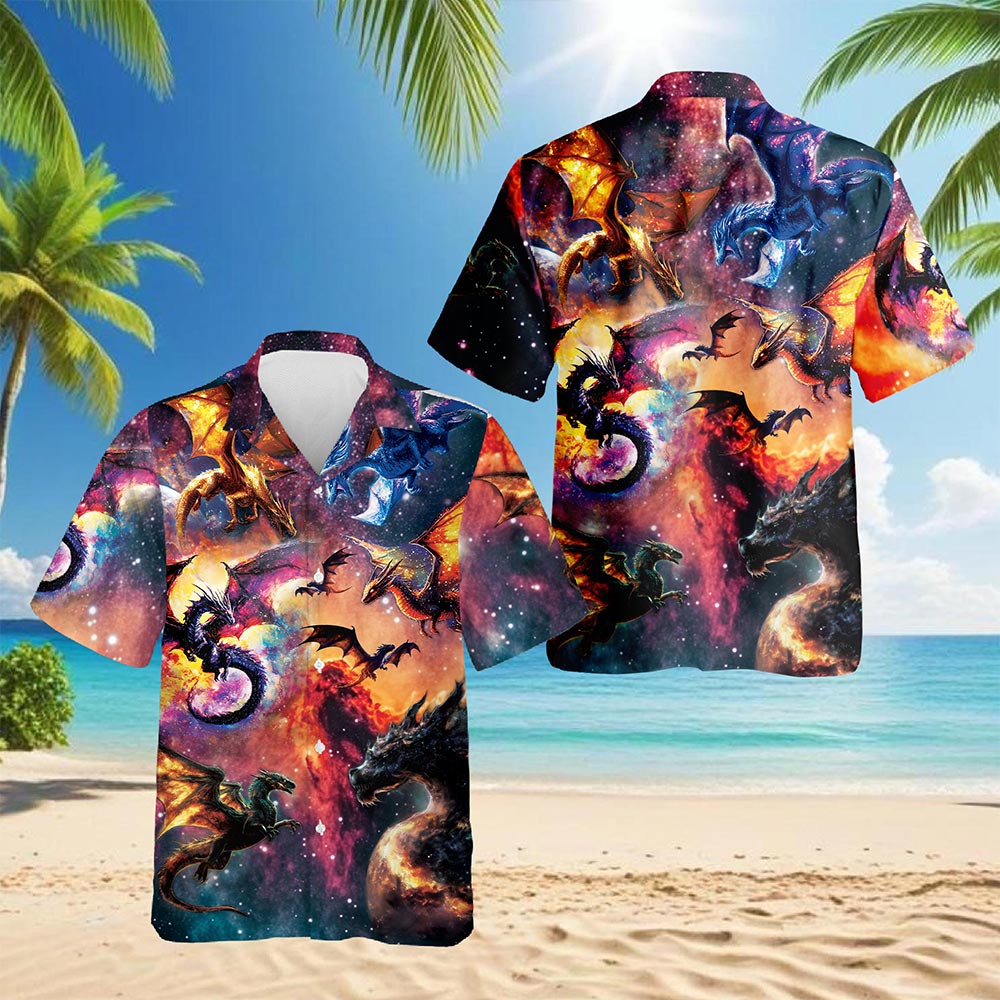 Netecom Space Dragon Hawaiian Shirt for Men, Button Down Summer Beach Short Sleeve, S-5XL