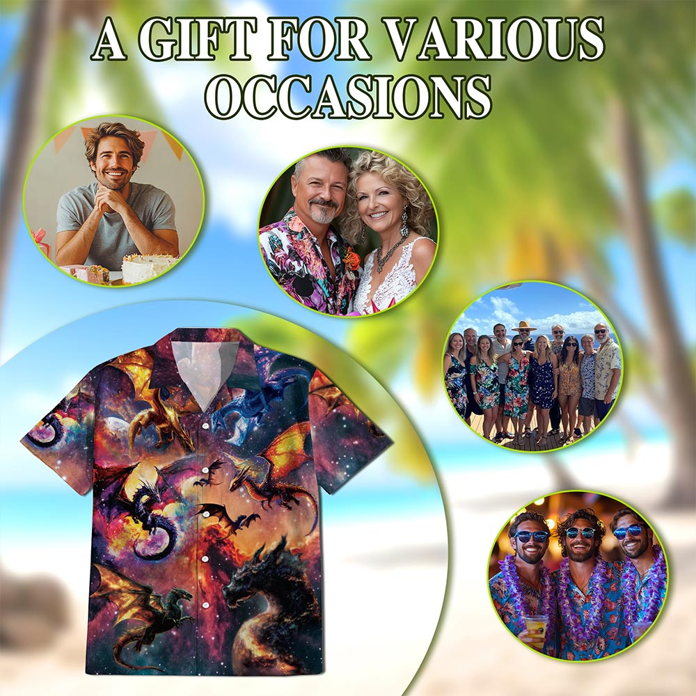 Netecom Space Dragon Hawaiian Shirt for Men, Button Down Summer Beach Short Sleeve, S-5XL