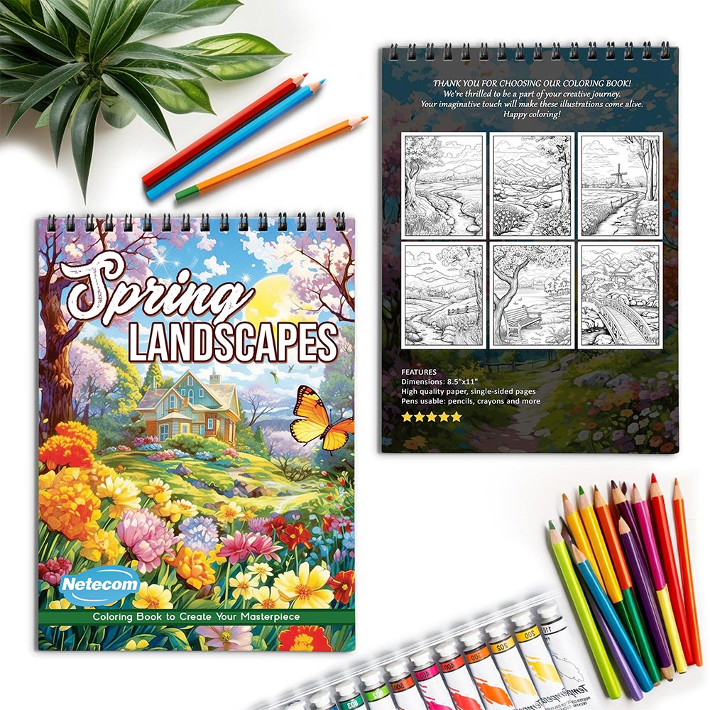 Netecom Spring Landscapes Spiral Coloring Book for Adults