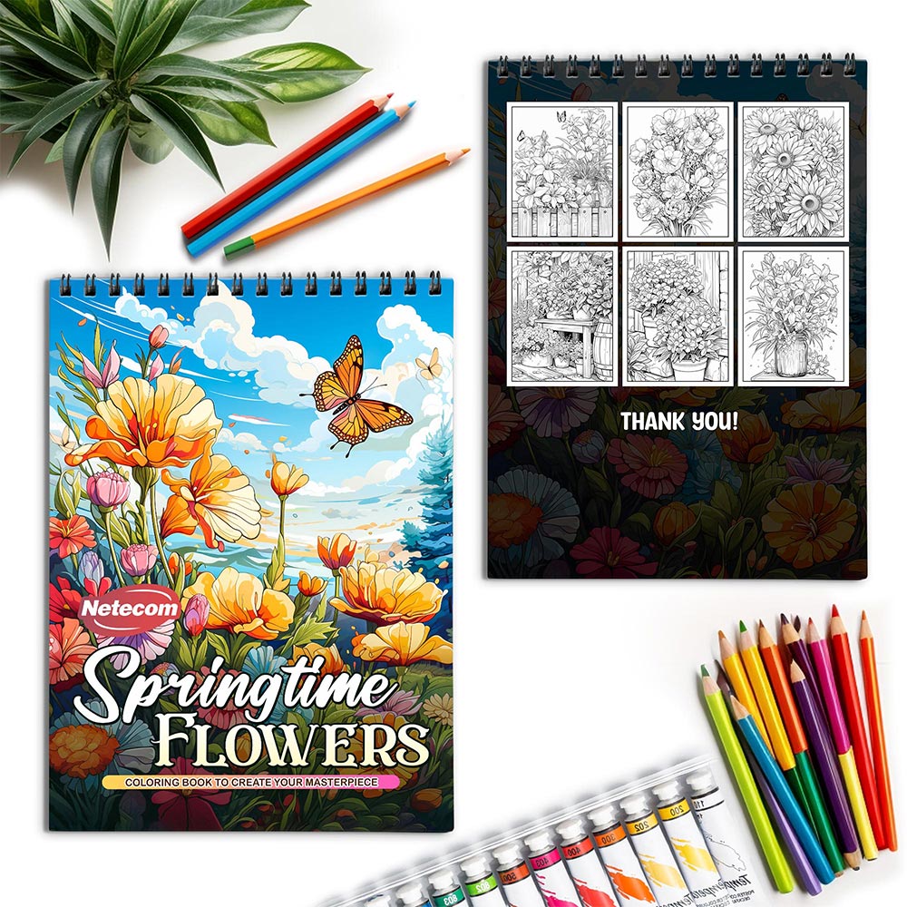 Netecom Springtime Flowers Spiral Coloring Book for Adults