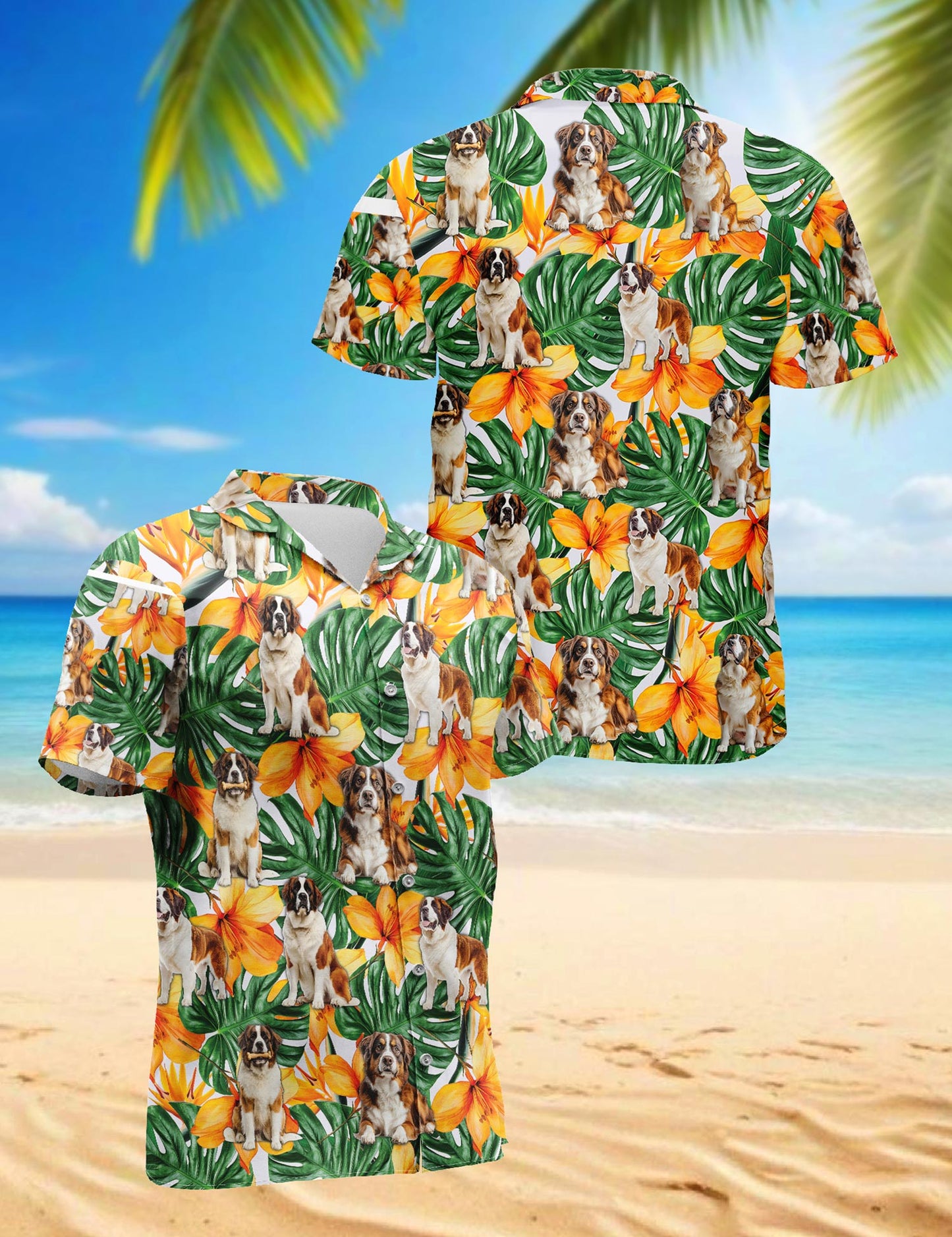 Netecom St.Bernard Hawaiian Shirt for Men, Tropical Style, Button Down Summer Beach Short Sleeve, S-5XL