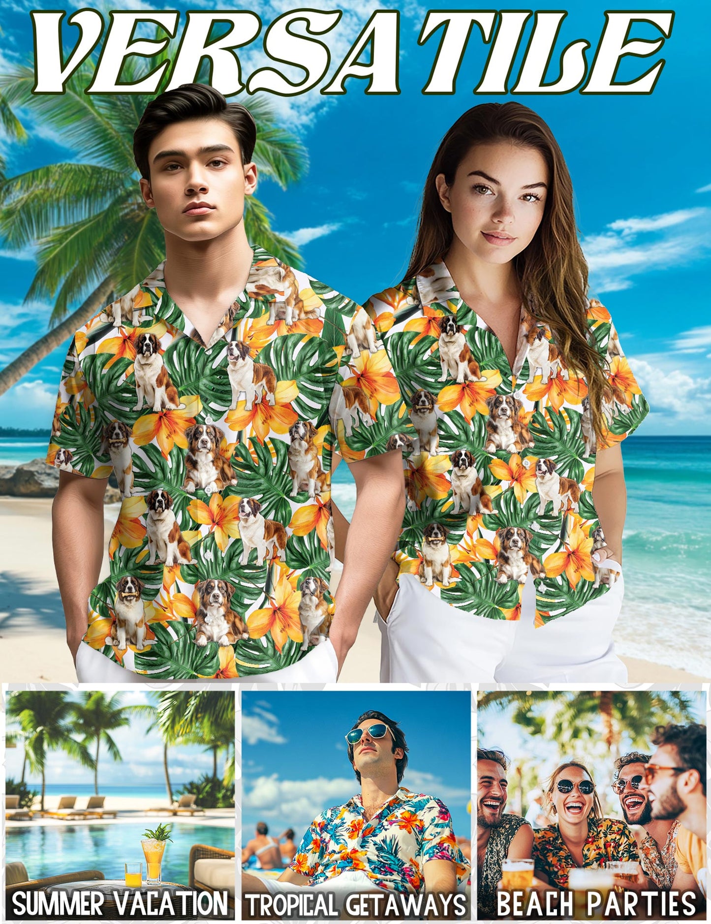 Netecom St.Bernard Hawaiian Shirt for Men, Tropical Style, Button Down Summer Beach Short Sleeve, S-5XL