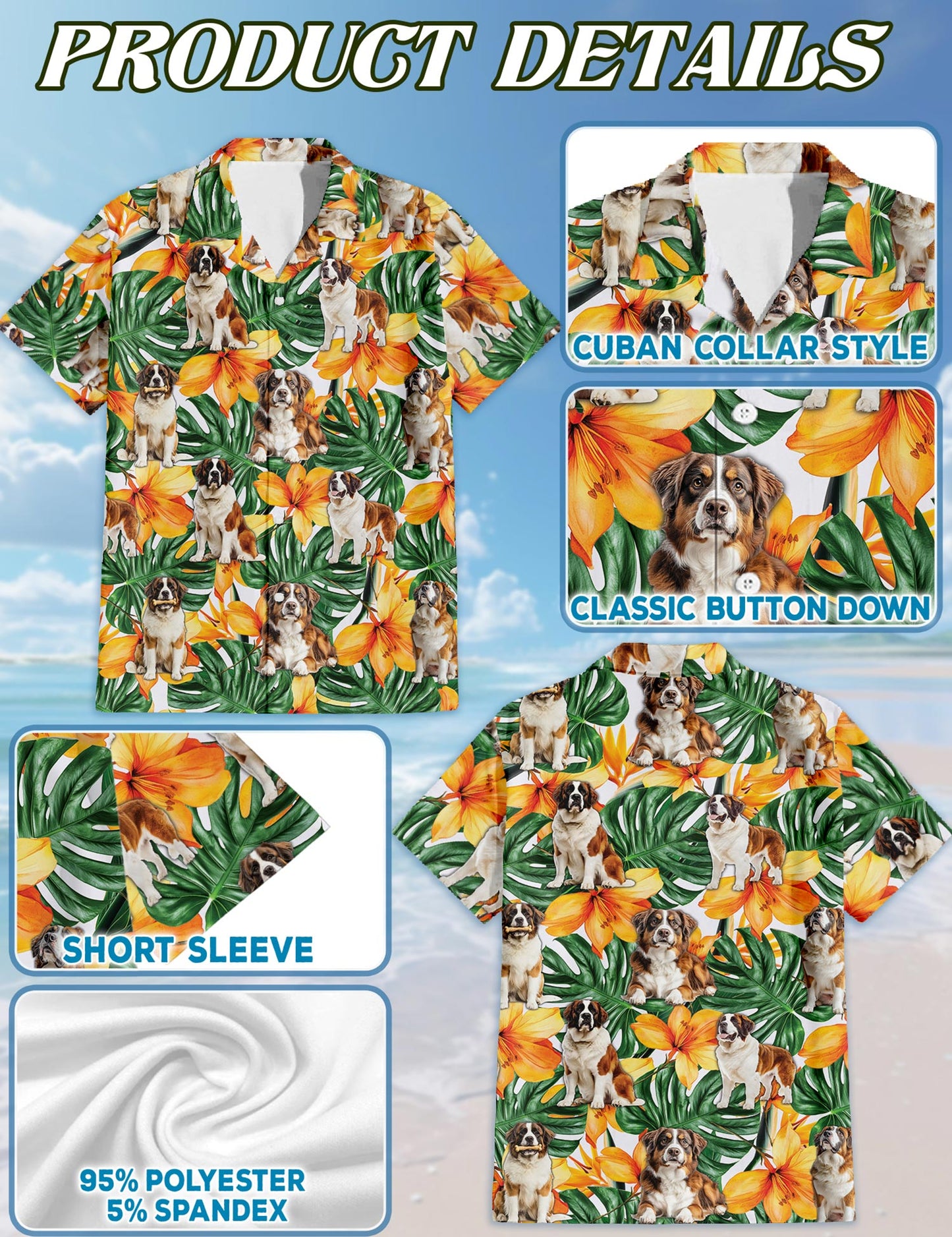 Netecom St.Bernard Hawaiian Shirt for Men, Tropical Style, Button Down Summer Beach Short Sleeve, S-5XL